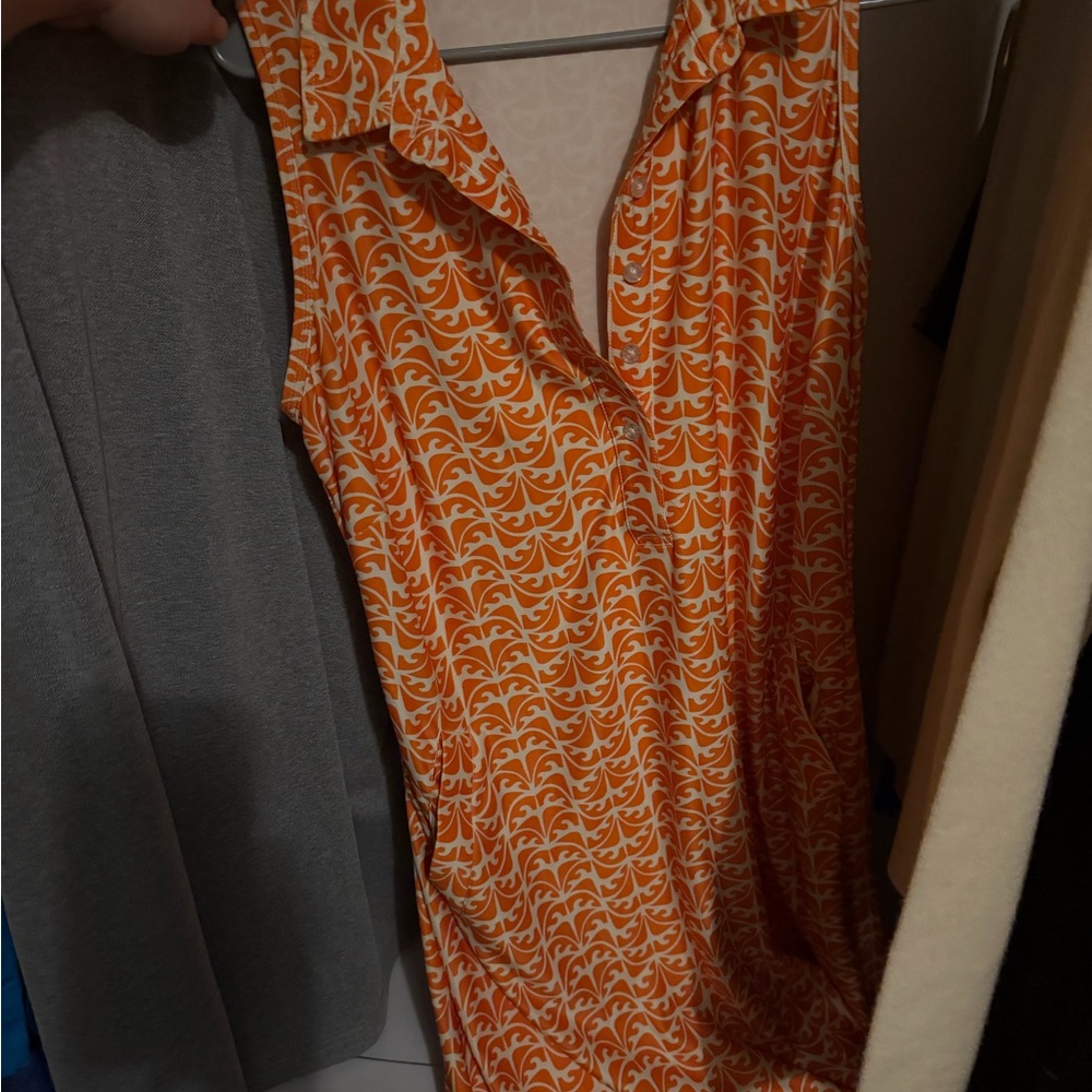 Sleeveless Orange & White Patterned Shirt Dress